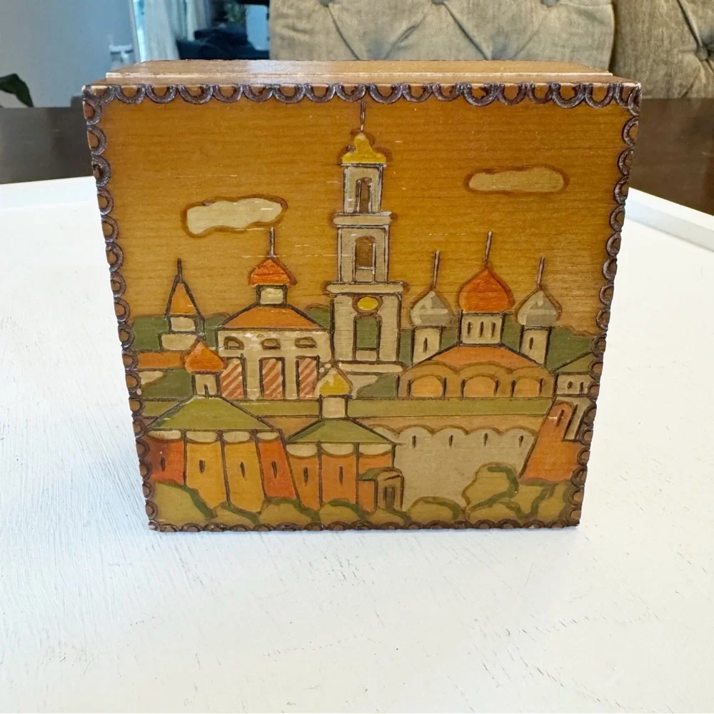 Russian Wood Box Town Scene done in Pyrography Vintage